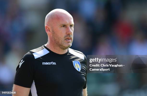 Colchester United manager John McGreal during the Sky Bet League Two match between Lincoln City and Colchester United at Sincil Bank Stadium on April...