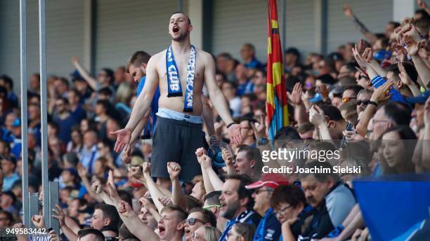 The Fans of Paderborn during the 3. Liga match between SC Paderborn 07 and SpVgg Unterhaching at Benteler Arena on April 21, 2018 in Paderborn,...