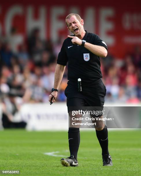 Referee Darren Handley during the Sky Bet League Two match between Lincoln City and Colchester United at Sincil Bank Stadium on April 21, 2018 in...