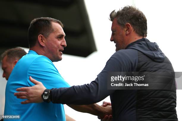 Michael Flynn of Newport County AFC and Barnet FC Manager Martin Allen shake hands ahead of the Sky Bet League Two match between Barnet FC and...