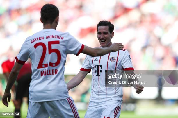 Sebastian Rudy of Munich celebrate after his first goal during the Bundesliga match between Hannover 96 and FC Bayern Muenchen at HDI-Arena on April...