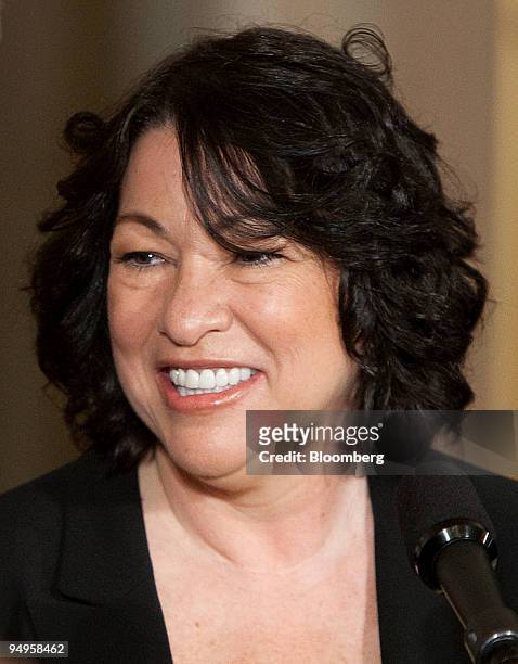 Sonia Sotomayor, a U.S. Federal appellate judge, listens to President Barack Obama announce her nomination to be a Supreme Court justice, in the East...