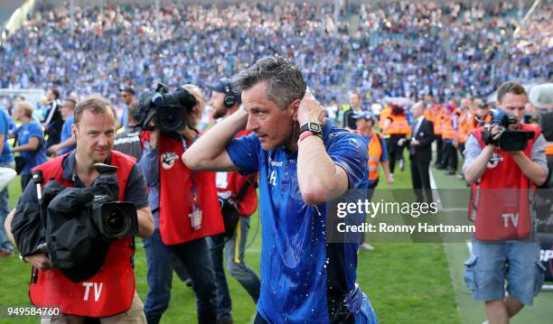 Head coach Jens Haertel of 1. FC Magdeburg reacts after the 3. Liga match between 1. FC Magdeburg and SC Fortuna Koeln at MDCC-Arena on April 21,...