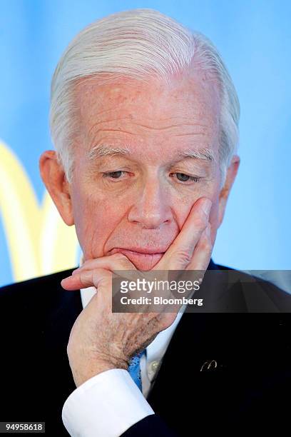 Andrew J. McKenna, non-executive chairman of McDonald's Corp., listens during a news conference following the company's annual meeting in Oak Brook,...