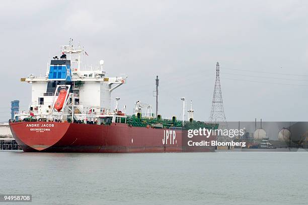 The oil products tanker Andre Jacob sits docked at the Flint Hills Oil Dock in the Port of Corpus Christi in Corpus Christi, Texas, U.S., on May 27,...