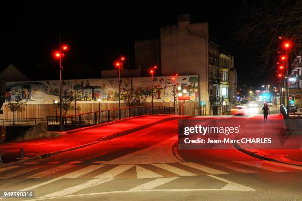 Rue de la ville Maubeuge la nuit, Pas-de-Calais, France.