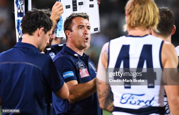 Chris Scott, coach of Geelong, at three quarter time during the round five AFL match between the Port Adelaide Power and the Geelong Cats at Adelaide...