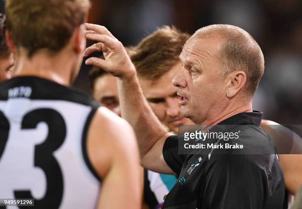 Ken Hinkley Port Adelaide coach during the round five AFL match between the Port Adelaide Power and the Geelong Cats at Adelaide Oval on April 21,...