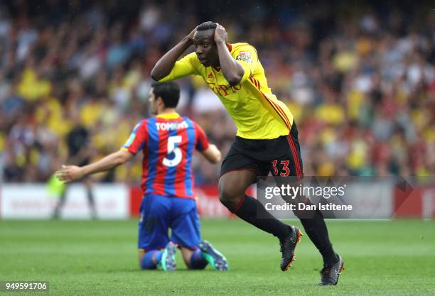 Stefano Okaka of Watford reacts during the Premier League match between Watford and Crystal Palace at Vicarage Road on April 21, 2018 in Watford,...