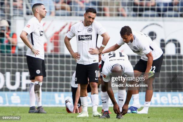 Marco Fabian of Frankfurt and team mates react after the Bundesliga match between Eintracht Frankfurt and Hertha BSC at Commerzbank-Arena on April...