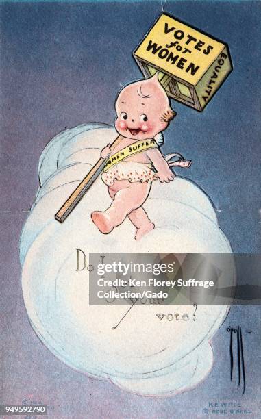 Color, suffrage postcard, depicting a Kewpie Doll, walking on a cloud and carrying a box sign reading "Votes for Women, " captioned "Do I get Your...