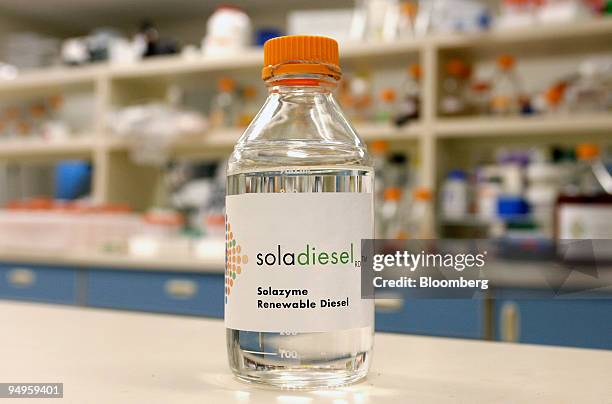 Bottle of renewable diesel fuel sits in a laboratory at Solazyme Inc. Headquarters in South San Francisco, California, U.S., on Friday, Sept. 18,...