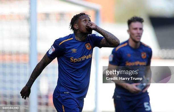 Abel Hernandez of Hull City celebrates as he scores his sides fourth goal during the Sky Bet Championship match between Bristol City and Hull City at...