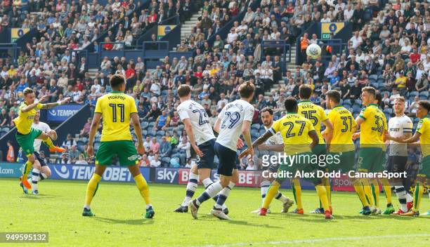 Preston North End's Paul Gallagher hits the bar with a freekick during the Sky Bet Championship match between Preston North End and Norwich City at...