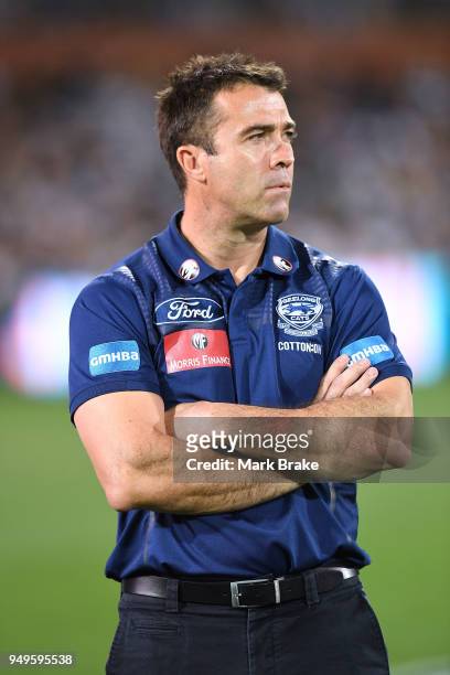 Chris Scott, coach of Geelong, during the round five AFL match between the Port Adelaide Power and the Geelong Cats at Adelaide Oval on April 21,...