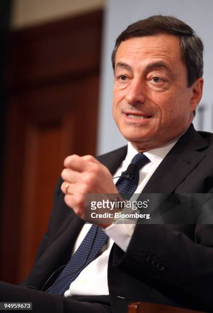 Mario Draghi, governor of the Italian Central Bank, Banca d'Italia, gestures while speaking at the INSM New Social Market Economy Forum in Berlin,...