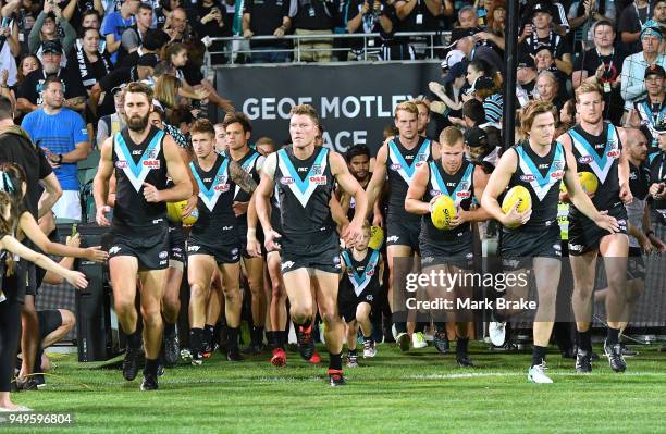 Port leave their race before the round five AFL match between the Port Adelaide Power and the Geelong Cats at Adelaide Oval on April 21, 2018 in...