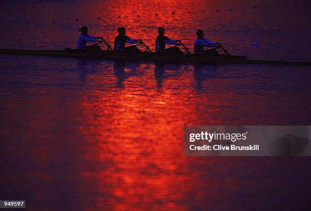 Early morning training for a Womens Coxless fours team at the Sydney International Regatta Centre on Day Six of the Sydney 2000 Olympic Games in...