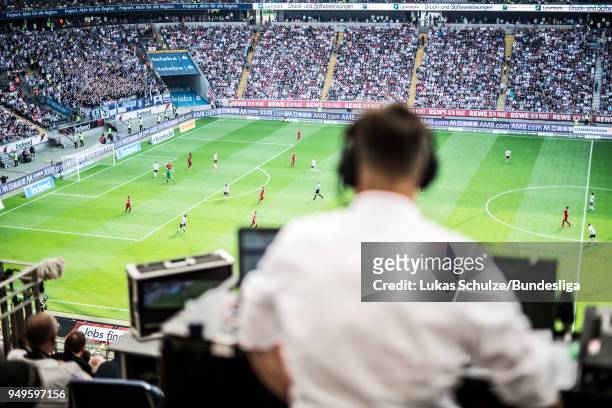 General view of the stadium with a tv reporter on the media tribune during the Bundesliga match between Eintracht Frankfurt and Hertha BSC at...