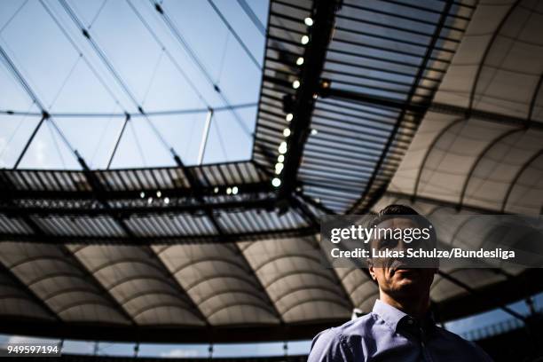 Head Coach Niko Kovac of Frankfurt looks up prior to the Bundesliga match between Eintracht Frankfurt and Hertha BSC at Commerzbank-Arena on April...