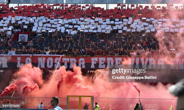 Fans of Foggia Calcio 1920 during the serie B match between Foggia Calcio and Bari FC at Stadio Pino Zaccheria on April 21, 2018 in Foggia, Italy.