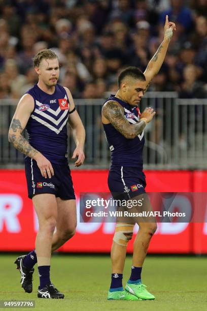 Michael Walters of the Dockers celebrates after scoring a goal during the round five AFL match between the Fremantle Dockers and the Western Bulldogs...