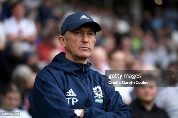 Middlesbrough manager Tony Pulis during the Sky Bet Championship match between Derby and Middlesbrough at iPro Stadium on April 21, 2018 in Derby,...