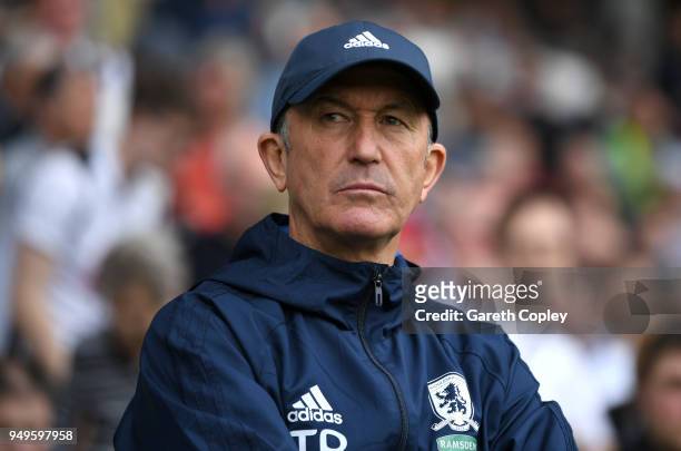 Middlesbrough manager Tony Pulis during the Sky Bet Championship match between Derby and Middlesbrough at iPro Stadium on April 21, 2018 in Derby,...