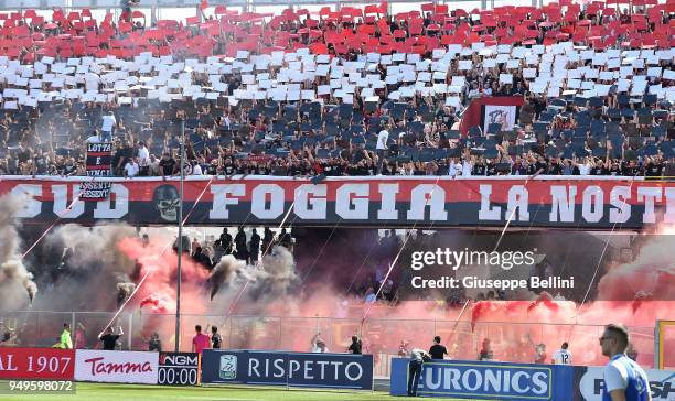 Fans of Foggia Calcio 1920 during the serie B match between Foggia Calcio and Bari FC at Stadio Pino Zaccheria on April 21, 2018 in Foggia, Italy.