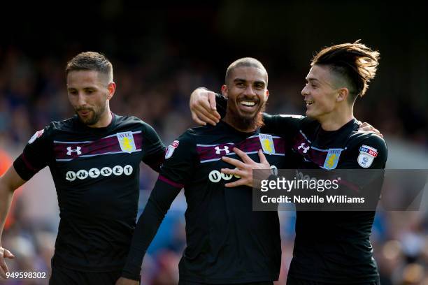 Lewis Grabban of Aston Villa scores for Aston Villa during the Sky Bet Championship match between Ipswich Town and Aston Villa at Portman Road on...