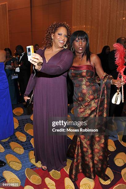 Actress Kim Coles and television host KiKi Shepard attend the 26th anniversary UNCF Mayor's Masked Ball at Atlanta Marriot Marquis on December 19,...