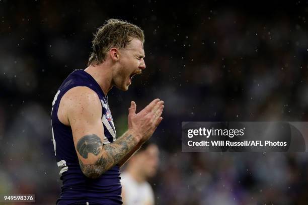 Cam McCarthy of the Dockers reacts after missing a shot on goal during the round five AFL match between the Fremantle Dockers and the Western...