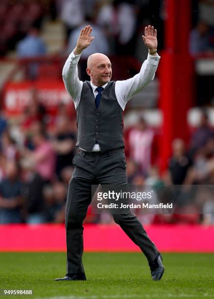 Ian Holloway, manager of QPR acknowledges the fans during the Sky Bet Championship match between Brentford and Queens Park Rangers at Griffin Park on...