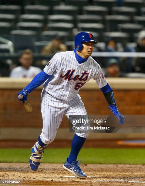 Jose Lobaton of the New York Mets in action against the Washington Nationals at Citi Field on April 18, 2018 in the Flushing neighborhood of the...