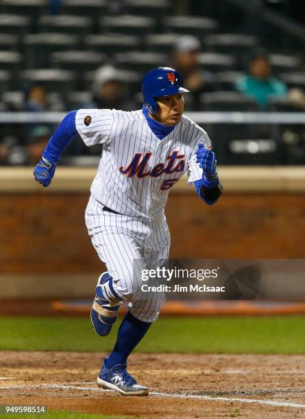 Jose Lobaton of the New York Mets in action against the Washington Nationals at Citi Field on April 18, 2018 in the Flushing neighborhood of the...