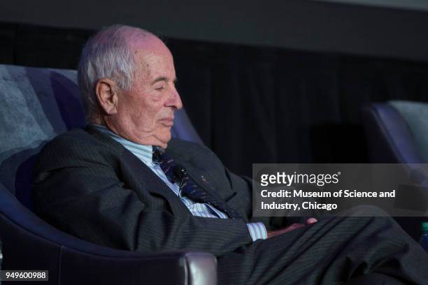 Close-up of American astronaut William Anders, of NASA's Apollo 8 mission, during a panel interview held at the Museum of Science and Industry,...