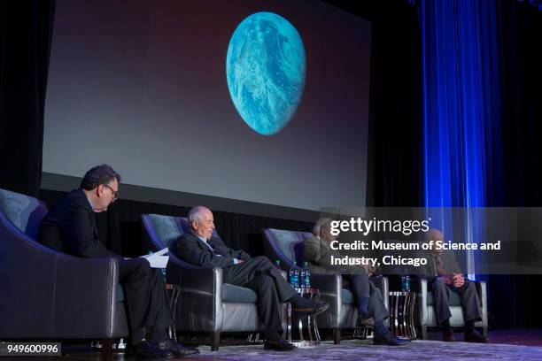 Onstage at the Museum of Science and Industry, from left, American author Robert Kurson interviews astronauts William Anders, James Lovell, and Frank...