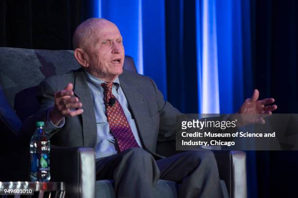 View of American astronaut Frank Borman, of NASA's Apollo 8 mission, during a panel interview held at the Museum of Science and Industry, Chicago,...