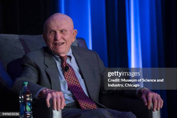 View of American astronaut Frank Borman, of NASA's Apollo 8 mission, during a panel interview held at the Museum of Science and Industry, Chicago,...