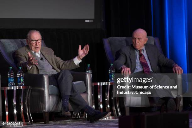 View of American astronauts James Lovell and Frank Borman, both of whom were part of NASA's Apollo 8 mission, during a panel interview held at the...