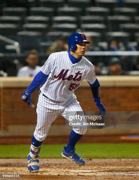 Jose Lobaton of the New York Mets in action against the Washington Nationals at Citi Field on April 18, 2018 in the Flushing neighborhood of the...