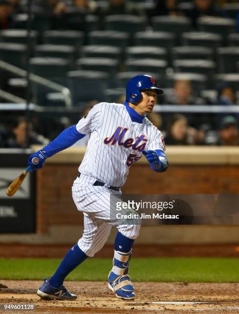 Jose Lobaton of the New York Mets in action against the Washington Nationals at Citi Field on April 18, 2018 in the Flushing neighborhood of the...