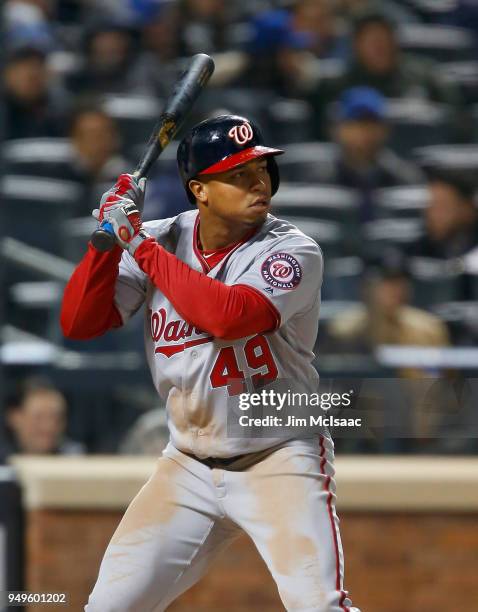 Moises Sierra of the Washington Nationals in action against the New York Mets at Citi Field on April 18, 2018 in the Flushing neighborhood of the...