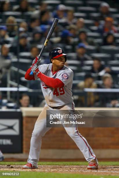 Moises Sierra of the Washington Nationals in action against the New York Mets at Citi Field on April 18, 2018 in the Flushing neighborhood of the...