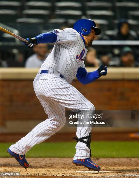 Adrian Gonzalez of the New York Mets in action against the Washington Nationals at Citi Field on April 18, 2018 in the Flushing neighborhood of the...