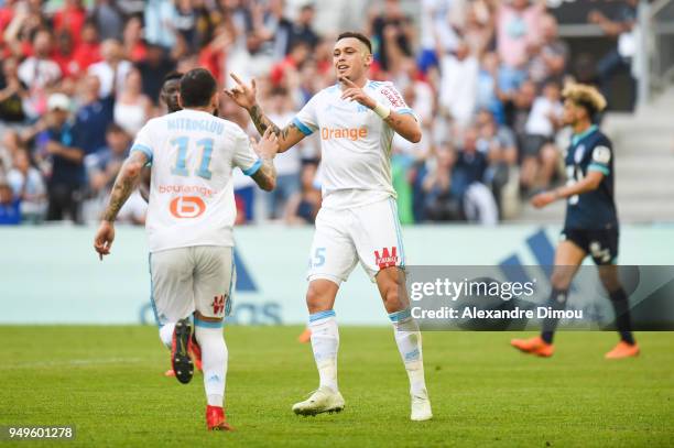 Kostas Mitroglou of Marseille celebrates his goal with Lucas Ocampos during the Ligue 1 match between Olympique Marseille and Lille OSC at Stade...