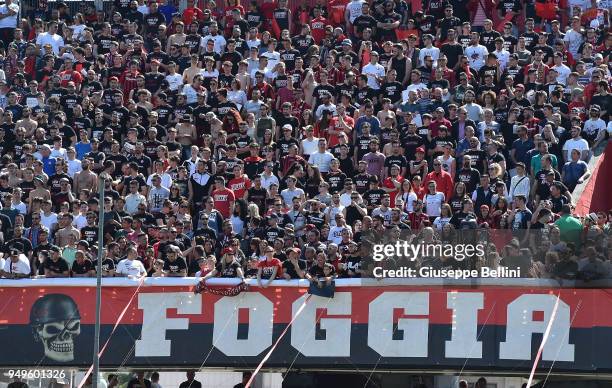 Fans of Foggia Calcio 1920 during the serie B match between Foggia Calcio and Bari FC at Stadio Pino Zaccheria on April 21, 2018 in Foggia, Italy.