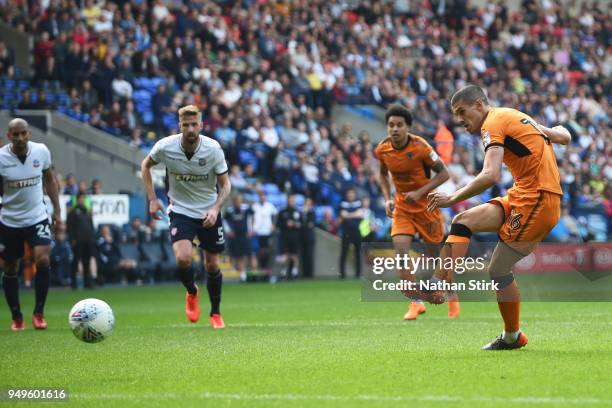 Conor Coady of Wolverhampton Wanderers scores a penalty during the Sky Bet Championship match between Bolton Wanderers and Wolverhampton Wanderers at...