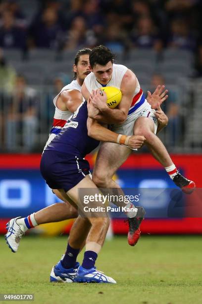 Toby McLean of the Bulldogs marks the ball during the round five AFL match between the Fremantle Dockers and the Western Bulldogs at Optus Stadium on...