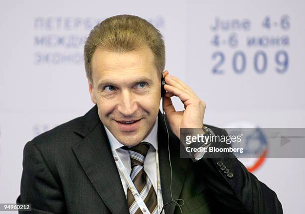 Igor Shuvalov, Russia's first deputy prime minister, listens during the first day of the St. Petersburg International Economic Forum, in St....